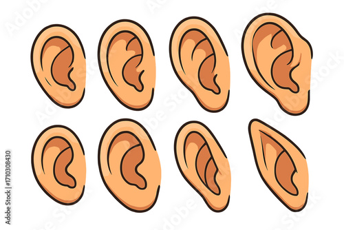 Various ear illustrations showing diverse ear shapes and angles, cartoon style vector collection for creative design projects, transparent background, ordered set