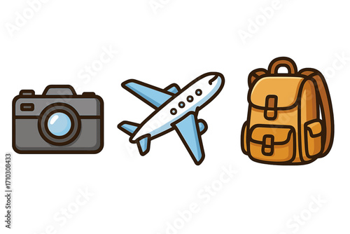 Travel icons set with camera, airplane, and backpack for adventure enthusiasts. Vector cartoon illustration with transparent background, vacation, tourism, journey essentials