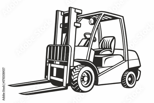 Black and white line art illustration of a forklift