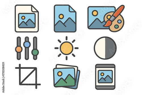 Various digital content creation icons representing image formats, adjustments, editing tools, brightness, contrast, cropping, gallery view, and mobile display in cartoon vector style