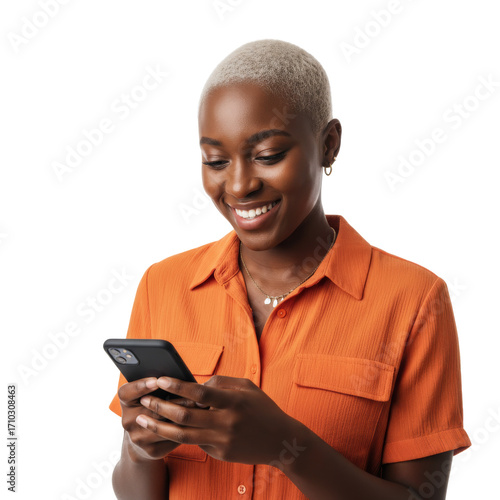 portrait of a black woman holding and using smartphone isolated on white or transparent background