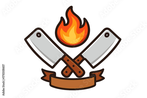 Barbecue grill logo with crossed meat cleavers and fire flame. Vector cartoon illustration for a butcher shop or steakhouse restaurant emblem. Isolated on white background.