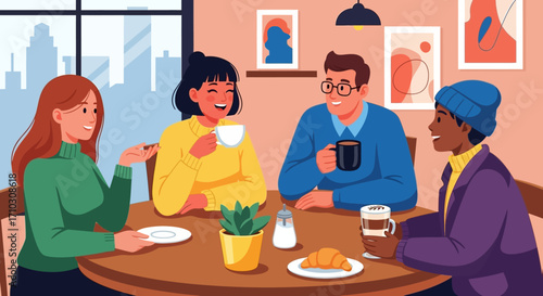 People enjoying coffee and conversation in a cafe.
