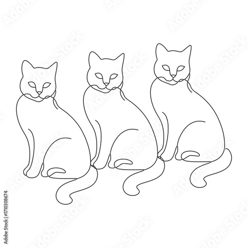 Minimalistic Line Art Depiction of Three Sitting Cats in Symmetry