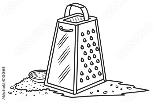 Hand drawn illustration of a grater with grated food and a small bowl