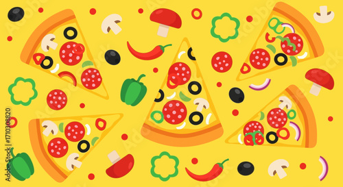 pizza slices with various toppings on a yellow background.