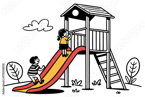 Children playing on a playground slide with a tree and clouds