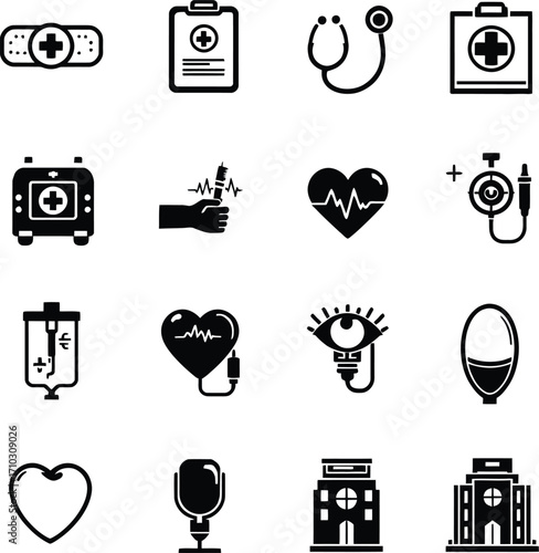 Medical Icon Set – Black Silhouettes of Syringes, Hearts, Hospitals, Devices, Pills & Healthcare Tools