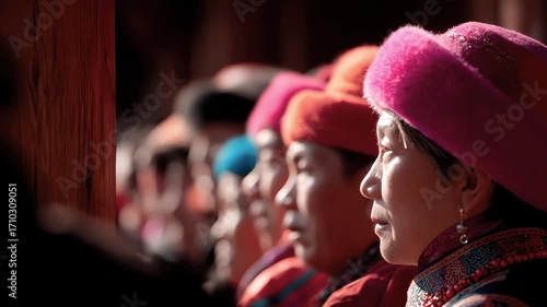 Tibetan women standing side by side in traditional costumes