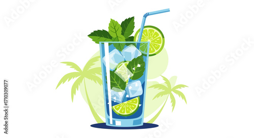 Refreshing Mojito Cocktail in Glass with Ice and Mint.