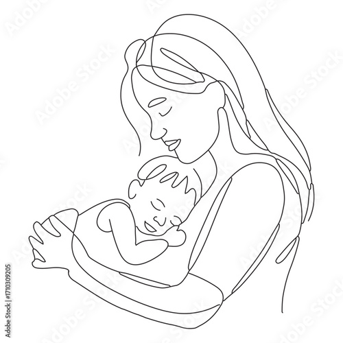 Minimalist line art drawing of a mother holding her sleeping baby