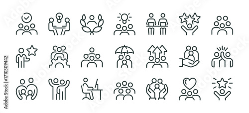People crowd, person group, human resources, team work icons pack. Line signs office worker and employees group, staff people. Thin vector icons set for web and app outline pictograms editable stroke.