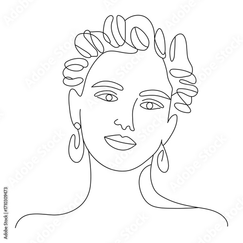 Minimalist outline drawing of a woman s face with curly hair and earrings