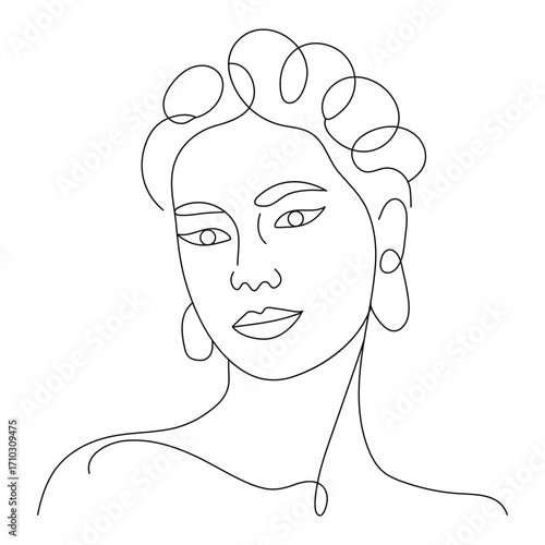 Minimalist line art portrait of a woman with curly hair and earrings