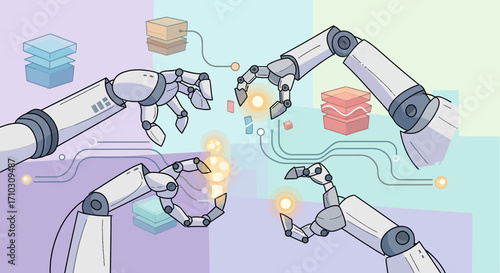 Robotic Arms Collaborating on Digital Data Processing and Automation.