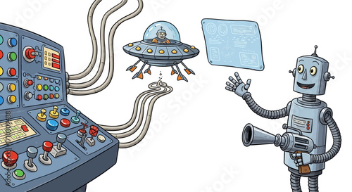 Retro robot operates a flying saucer with a complex control panel.