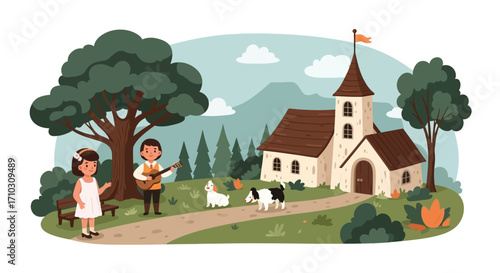 Rural Scene with Church, Children, and Animals in a Peaceful Setting.