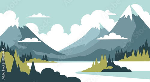 Scenic mountain landscape with snow-capped peaks and serene lake.