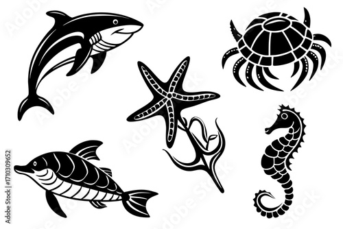 Collection of black and white silhouette marine animals and sea life