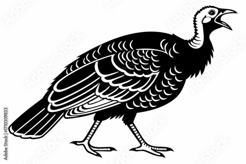 Black and white illustration of a turkey with its mouth open