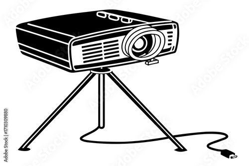 Black and white illustration of a projector on a tripod with a cord