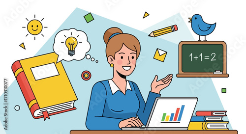 Smiling female teacher using a laptop for online education.