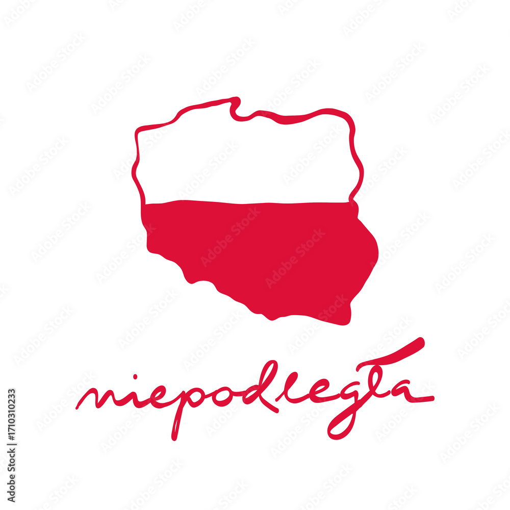 Naklejka premium Biało-czerwona mapa Polski z napisem niepodległa. Grafika na dzień Narodowego Święta Niepodległości 11 listopada. 