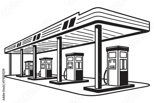 Retro style gas station with multiple pumps and canopy