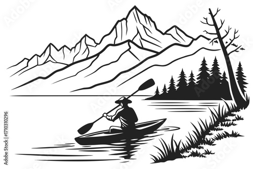Silhouette of a person kayaking on a lake with mountains and pine trees