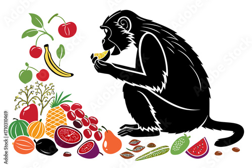 Black silhouette of a monkey eating fruit surrounded by a variety of colorful fruits