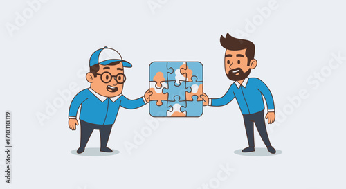 Two businessmen collaborating on a puzzle.