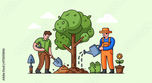 Two men planting a tree together.