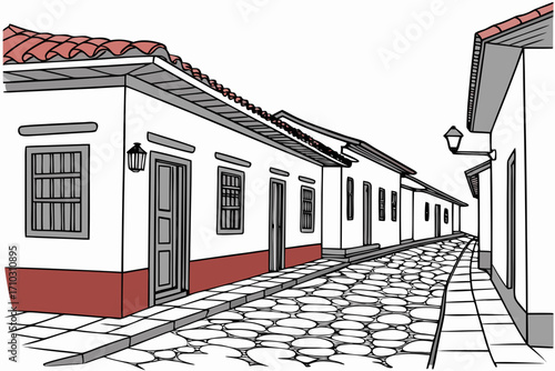 Charming cobblestone street lined with traditional white houses and red tile roofs
