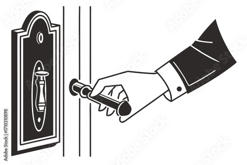 Elegant hand in suit opening a door with a classic doorknob