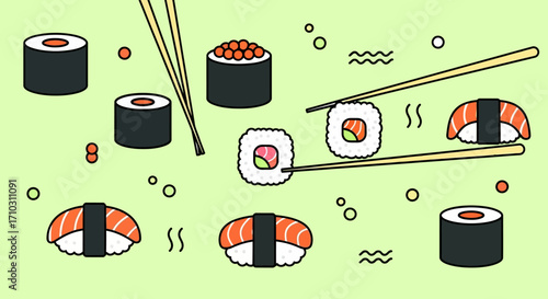 Various Types of Sushi with Chopsticks.