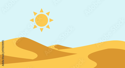 Vast desert landscape with rolling sand dunes under a bright sun.