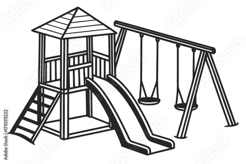 Playground equipment with a slide and swings in a simple line drawing