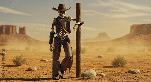 Skeleton cowboy in desert landscape