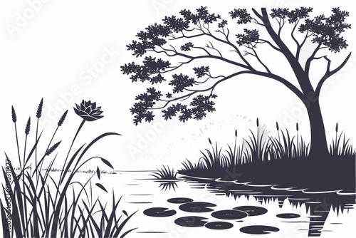 Silhouette of a tranquil lake scene with a tree and aquatic plants