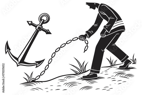 Man holding anchor chain on grassy shore in black and white