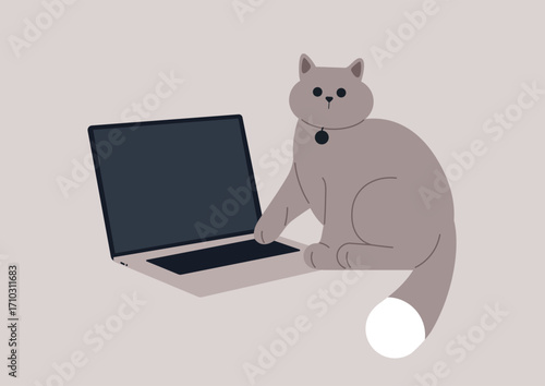 A curious cat sits beside a laptop, its paws gently pressing on the keyboard, the soft tones create a tranquil scene filled with warm, playful energy, showcasing the bond between pets and technology.