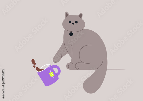A gray cat with a playful expression sits next to a purple mug tipped over, spilling tea onto a soft beige surface, capturing a whimsical moment of feline curiosity and mischief