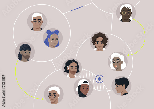 This artwork showcases intricate networking connections among a diverse group of people, Various circles highlight relationships and interactions, emphasizing collaboration and community