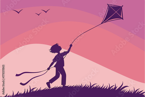 Silhouette of a child flying a kite on a grassy hill with birds in the sky