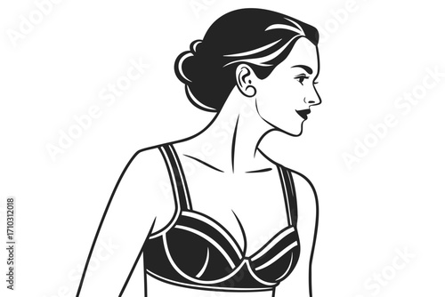 Elegant woman in bra profile line art illustration