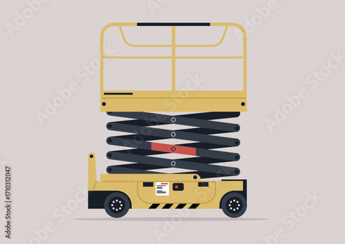 A warehouse scissor lifter stands ready, showcasing its robust design and functionality, The machinery is essential for lifting and moving goods in a busy distribution center during daytime operations