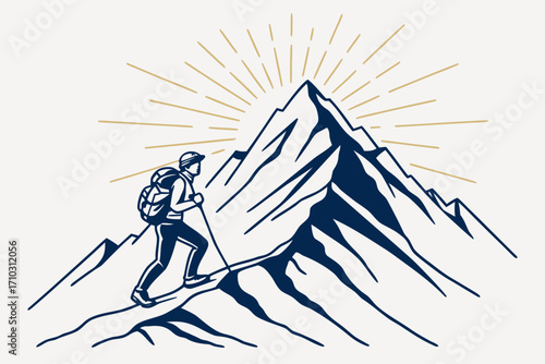 Hiker ascends mountain peak with sunburst behind