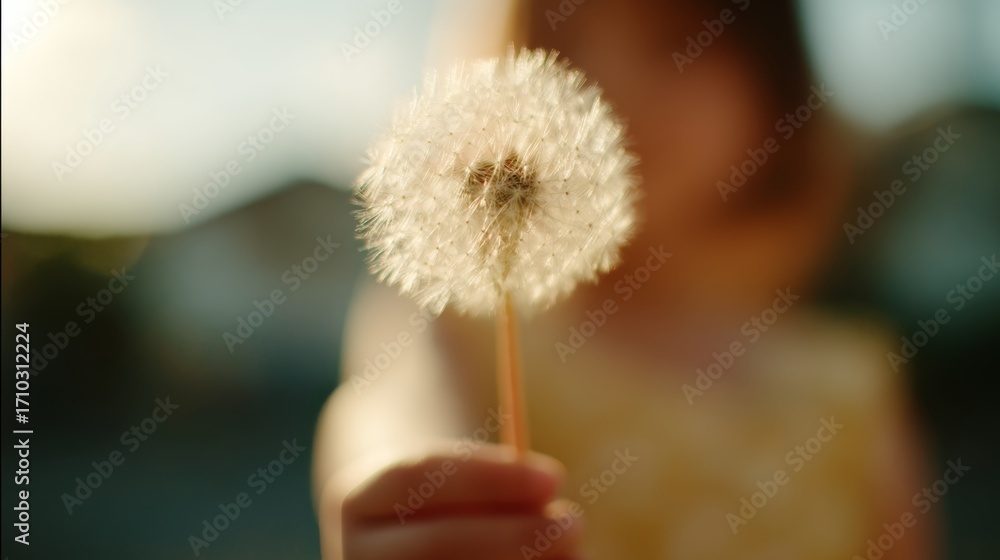 Fototapeta premium Young caucasian female holding dandelion in sunlit outdoor setting