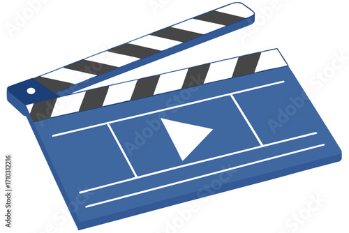Blue movie clapperboard with play button icon for video production