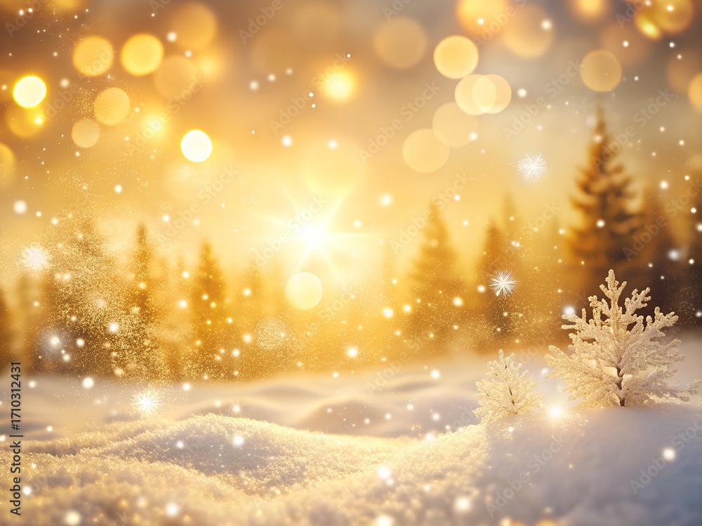 Naklejka premium Magical winter wonderland with snowcovered trees, snowflakes, and golden bokeh lights in background